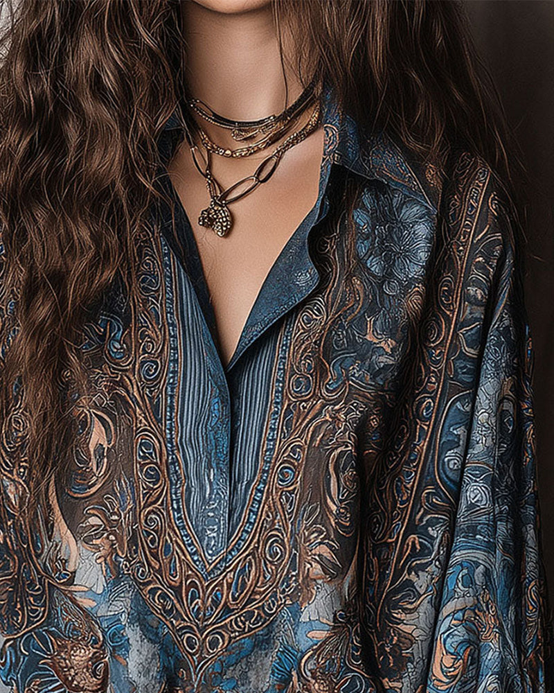 Blouse Retro Imprimé V-Cou Revers Sophistiqué