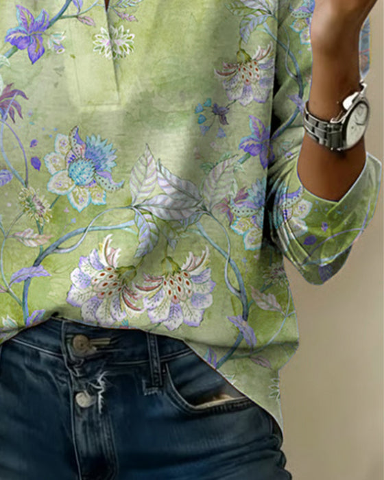 Blouse Col Monté Manches Longues Fleuri