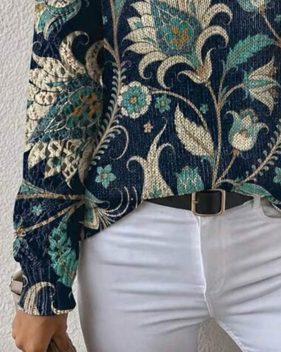 Pullover Col V Manches Longues Imprimé Floral
