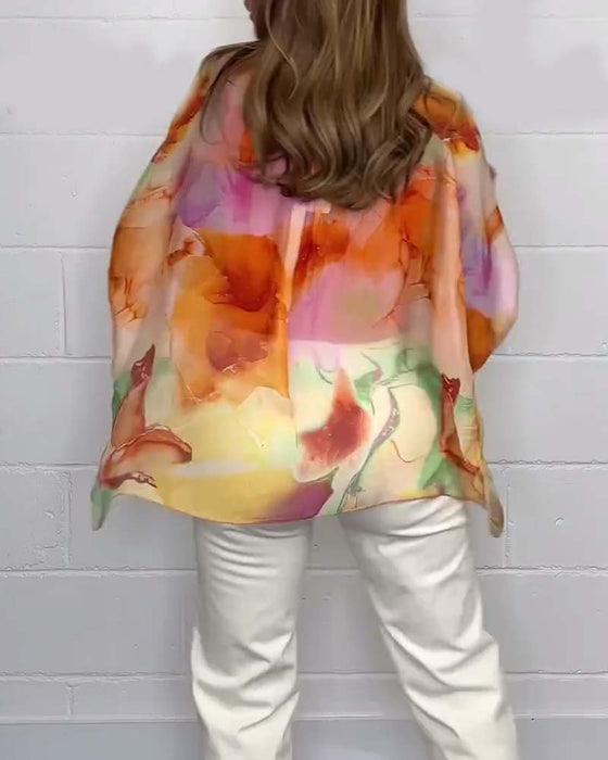 Chemisier décontracté imprimé à col en V et manches longues