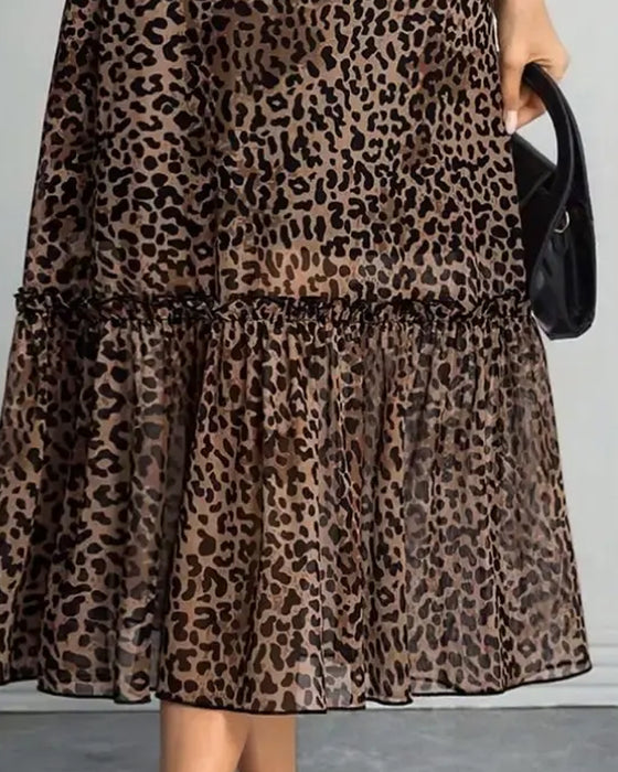 Robe Léopard Col Mock Mesh Midi