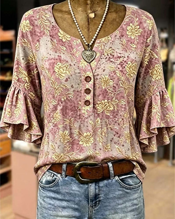 Blouse Imprimé Rétro Ample Volantée