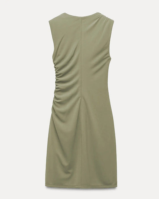 Robe Couleur Unie Col Rond Sans Manches Drapé Asymétrique