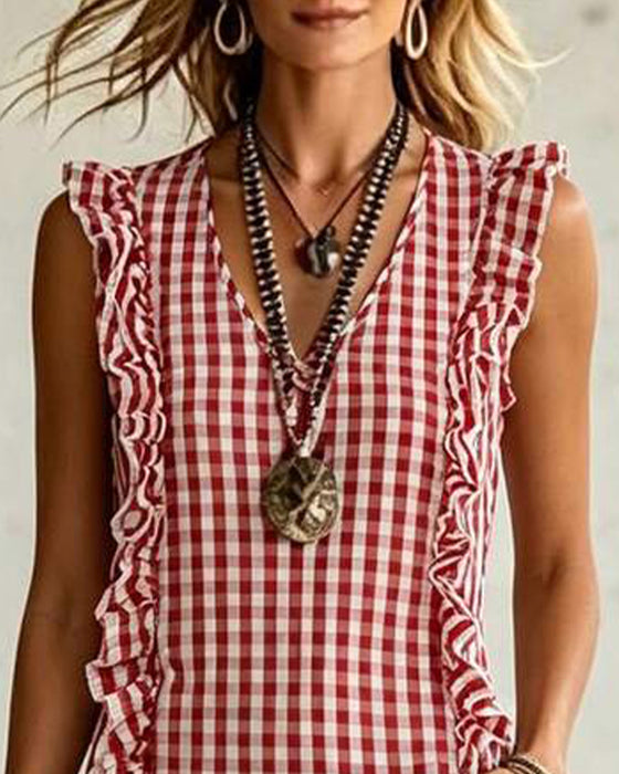 Robe Col V Volant Carreau Sans Manches Maxi