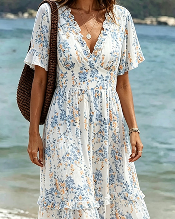 Robe Florale Volant Col V Patchwork