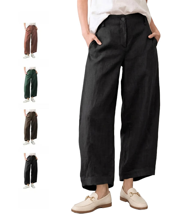 Pantalon Bouton Poche Jambe-Large Cropped