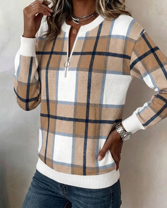 Sweatshirt À Carreaux Demi-Fermeture Éclair Col Rond Pull-Over