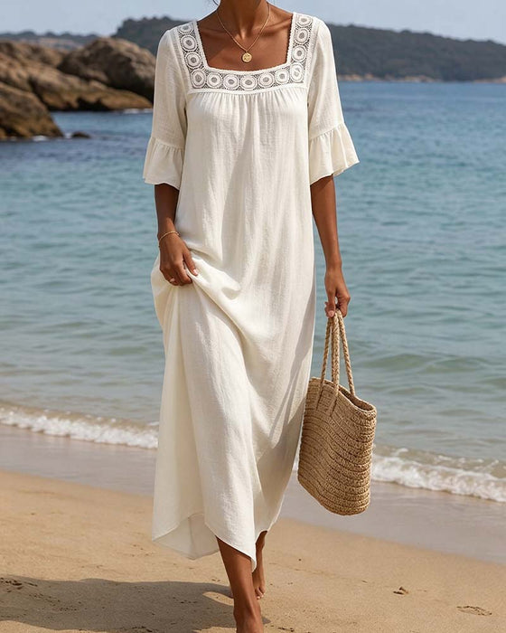 Robe Col Carré Découpe Volant Dentelle