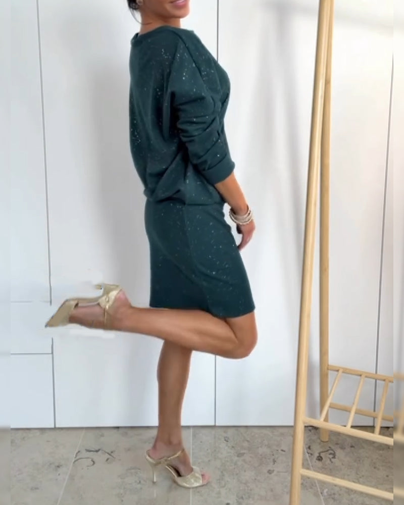 Robe Col Rond Paillettes Fines À La Mode