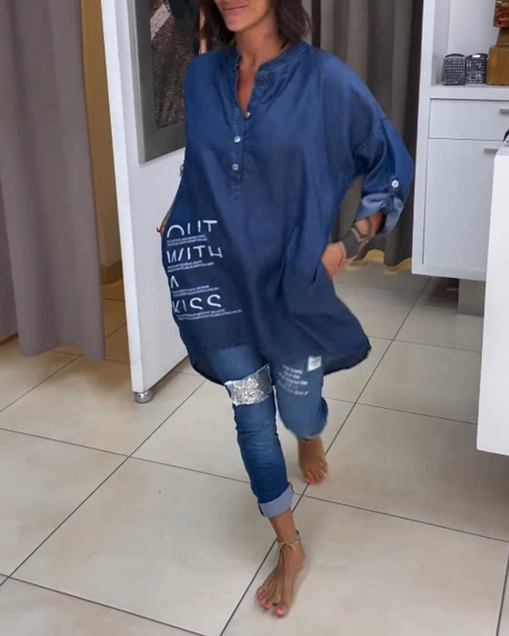 Haut boutonné irrégulier à imprimé lettre