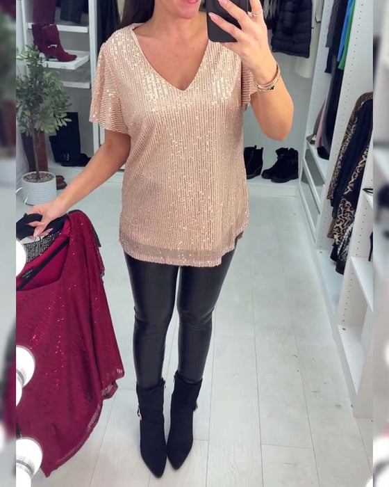 Blouse À Col V Et Manches Courtes