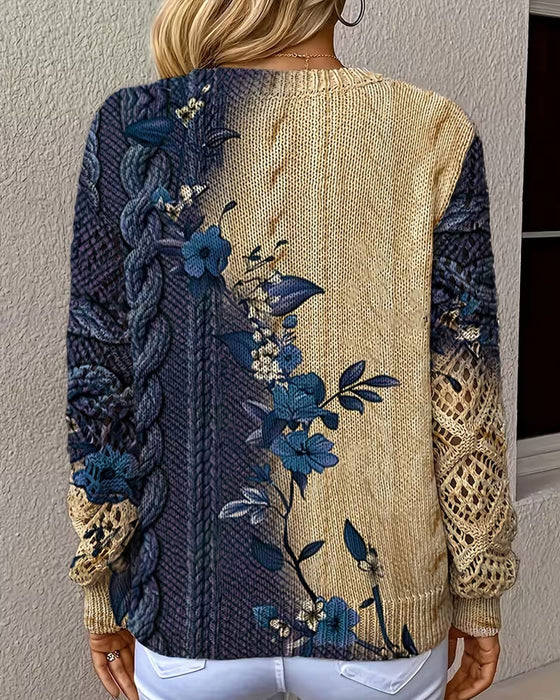Pullover Dégradé Bloc De Couleur Fleuri Col En V Évidé