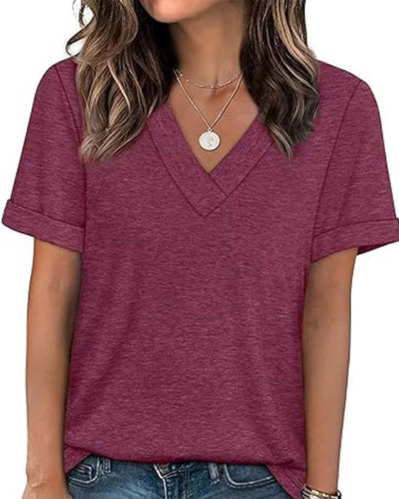 T-Shirt Unie Col En V Décontracté Manches Courtes