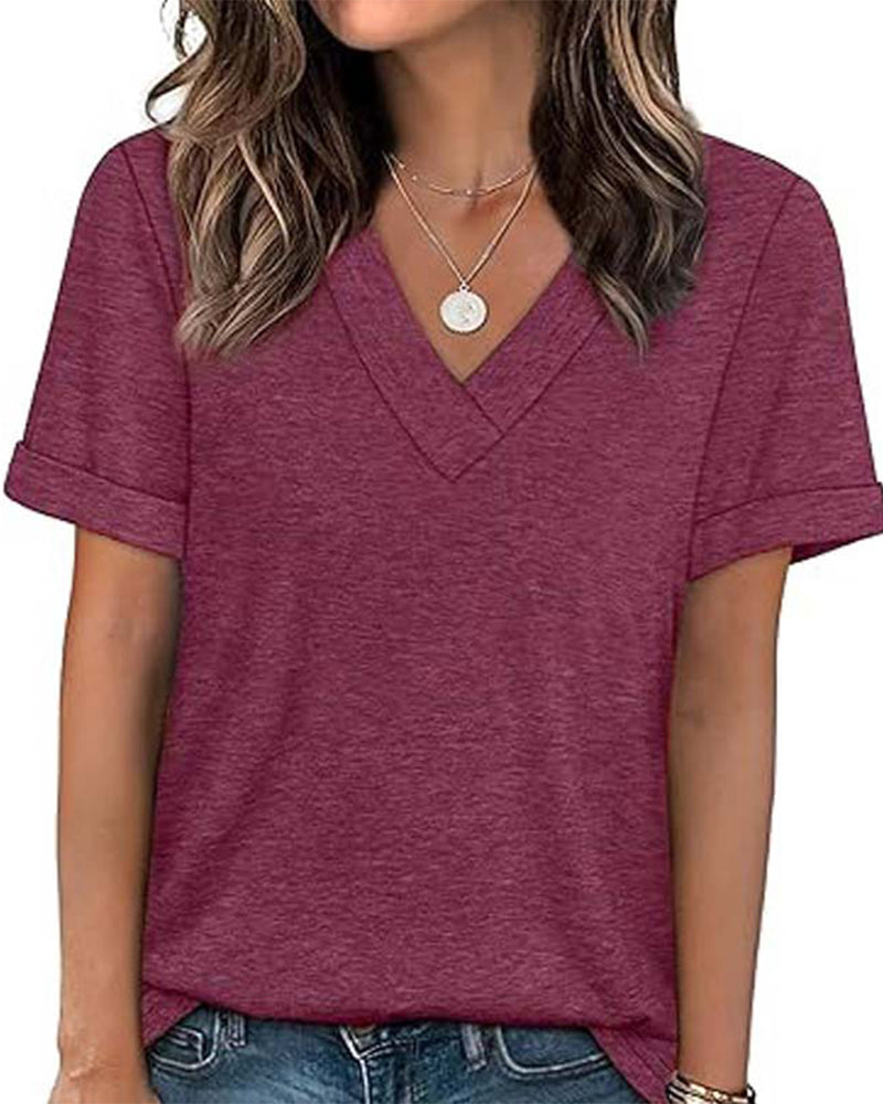T-Shirt Unie Col En V Décontracté Manches Courtes