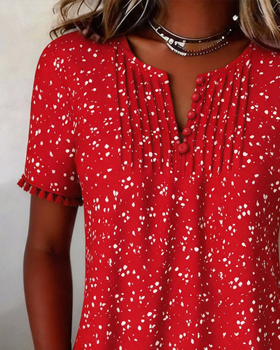 Blouse Point Blanc Frange Manches Courtes