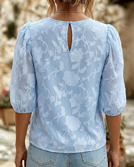 Blouse Col Rond À Manches Bouffantes