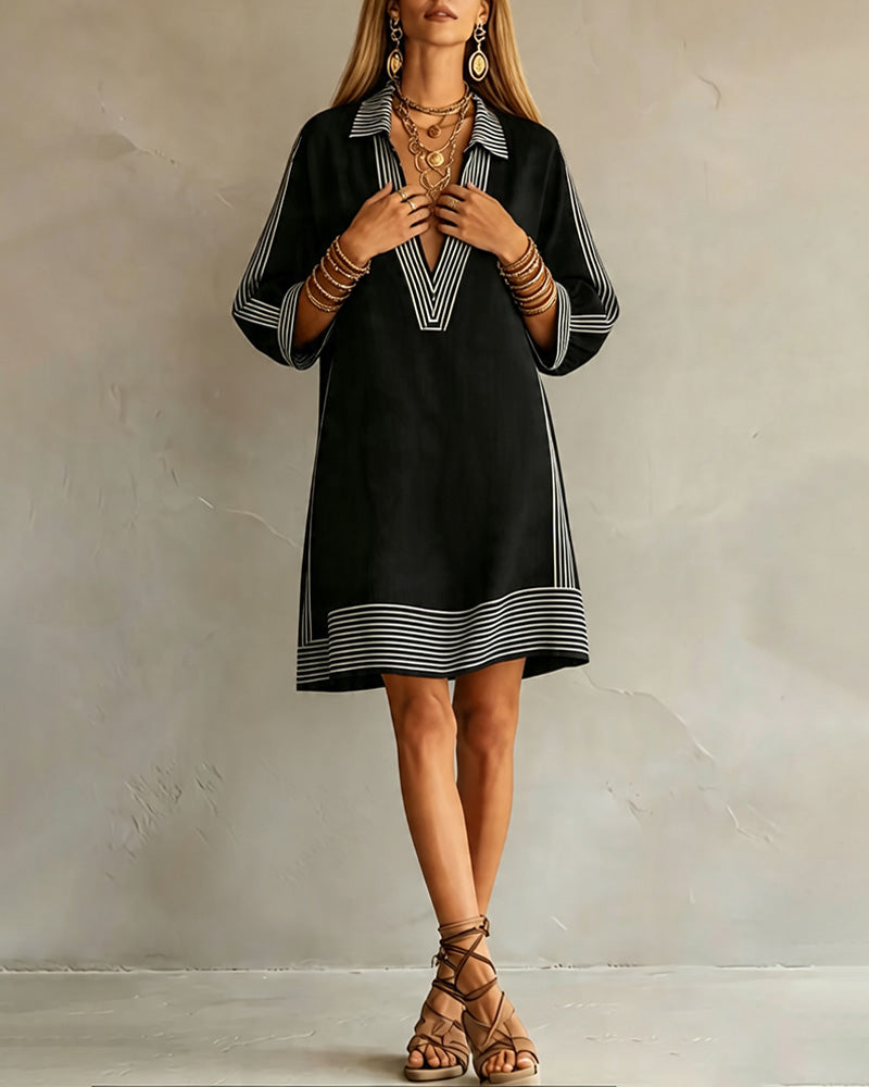 Robe Imprimé Rayé Manche Lanterne Col En V