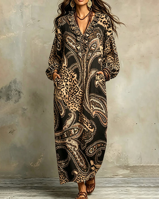 Robe Col V Volant Manche Ballon Poche