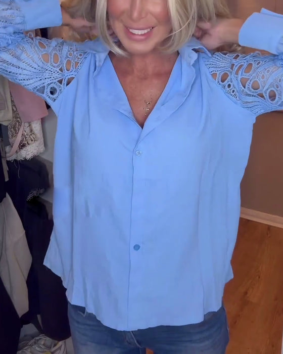 Chemise de couleur unie à manches en dentelle et revers