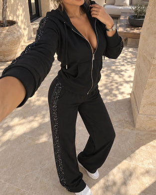 Ensemble À Capuche Décontracté Manches Longues Manteau Pantalon Droit