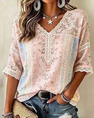 Blouse Col V Dentelle Patchwork Contraste Florale