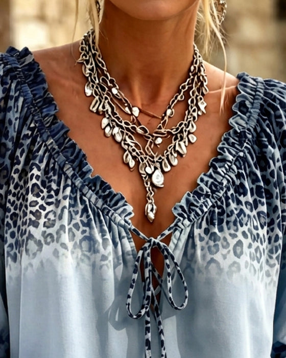 Blouse Col-V Imprimé Léopard Lacets