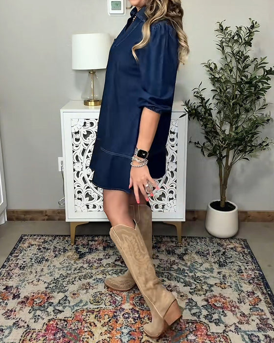 Robe En Jean À Col Et Manches Lanterne