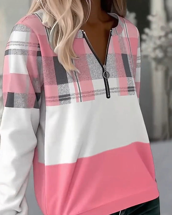 Sweat Décontracté À Carreaux Couleur Contrastée