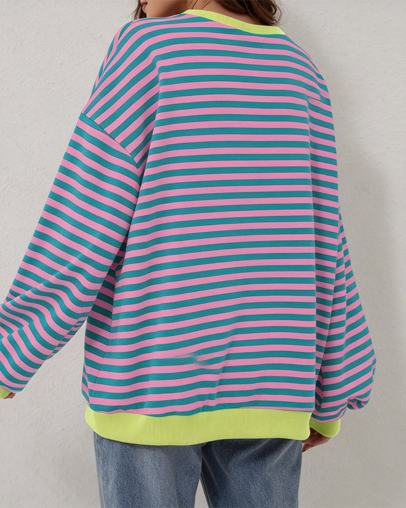 T-Shirt Rayé Col Rond Bloc De Couleur