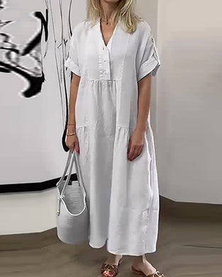Robe Col V Bouton Plissé Jupe Large