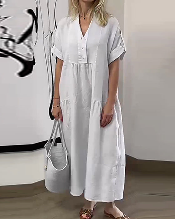 Robe Col V Bouton Plissé Jupe Large