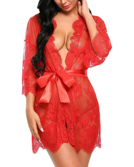 Pyjama élégant en dentelle de couleur unie