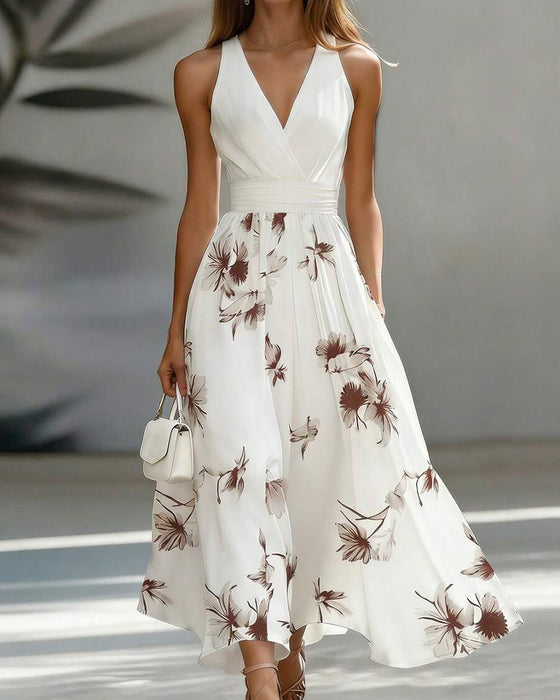 Robe Sans Manches Col V Taille Florale