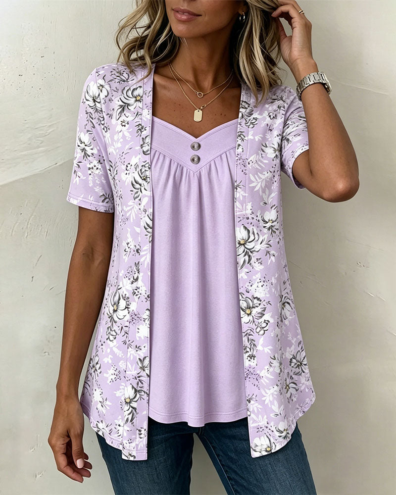 T-Shirt Imprimé Floral Fausse Deux Pièces