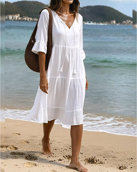 Robe Évasée Demi-Manche Nœud À La Taille