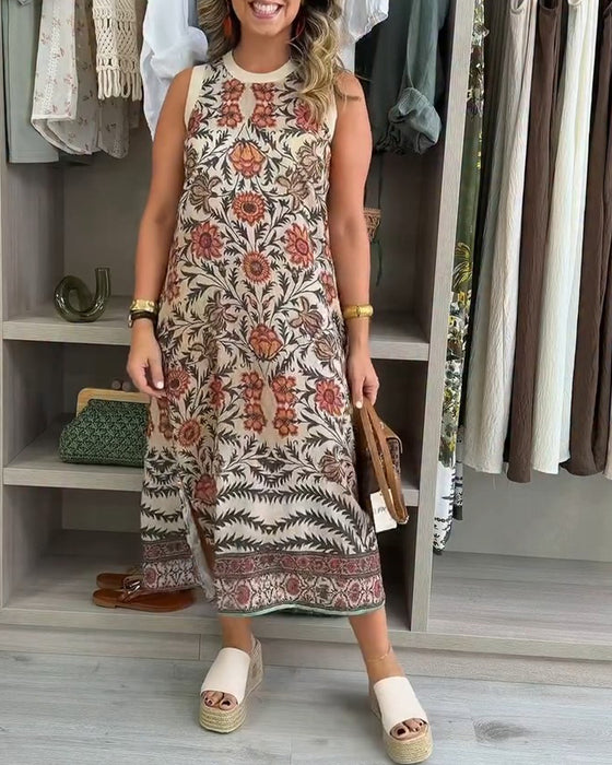 Robe Rond Col Sans Manches Florale Fente