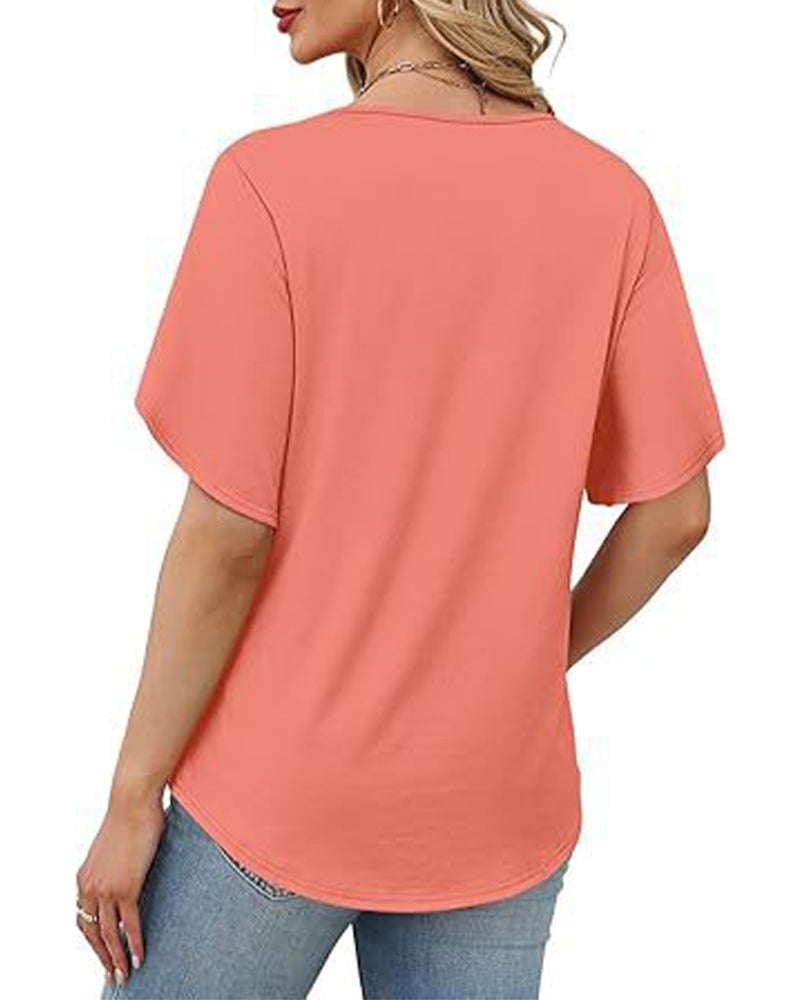 T-Shirt Col En V Petite Fente Manches Courtes Unie