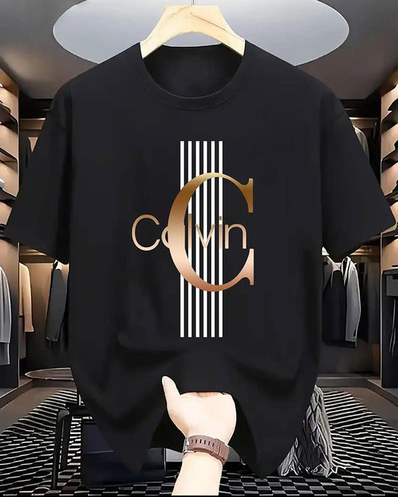 T-Shirt Lettre Rayure Verticale Imprimé Manche Courte