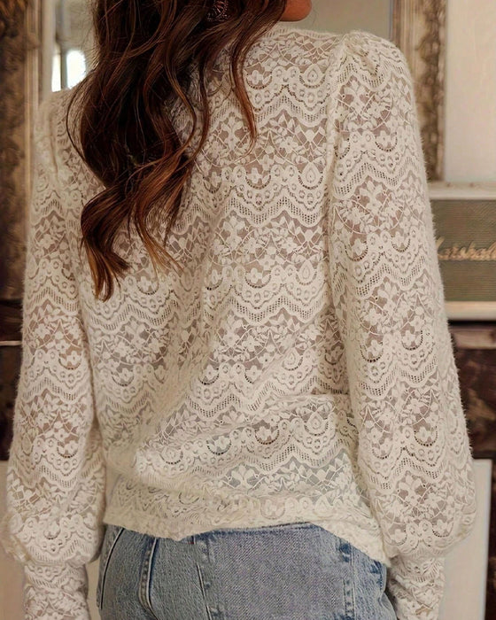 Blouse Manches Longues Unie Col En V Dentelle