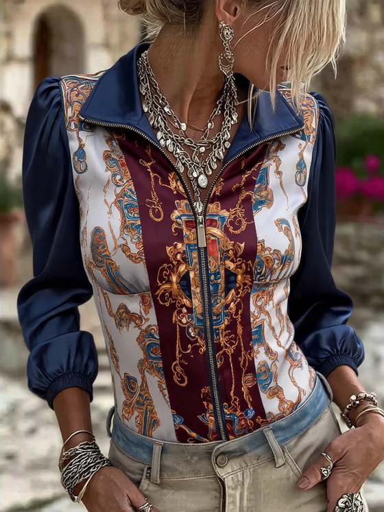 Haut Manches Bouffantes Patchwork Imprimé Fermeture Éclair