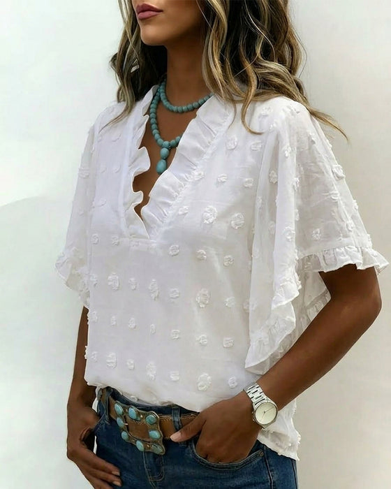 Blouse Jacquard Col En V Volant
