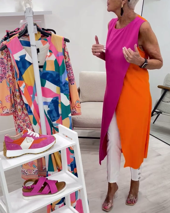 Blouse Sans Manches Couleur Contrastée Fente Longue