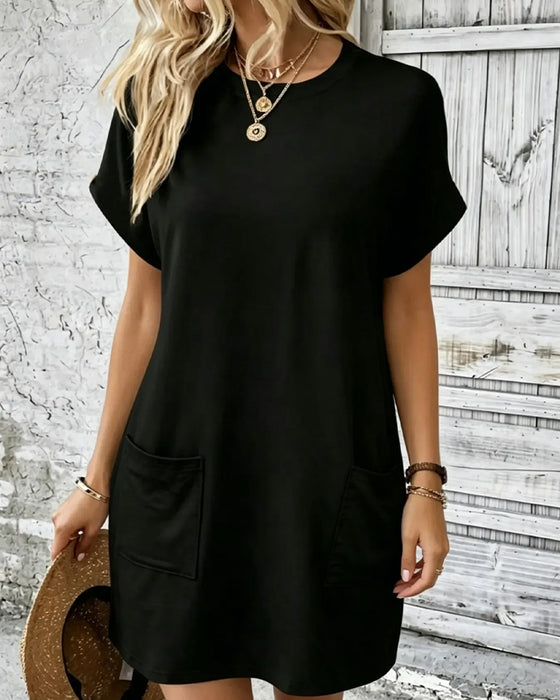 Robe Col Rond Double Poche Unie Décontractée