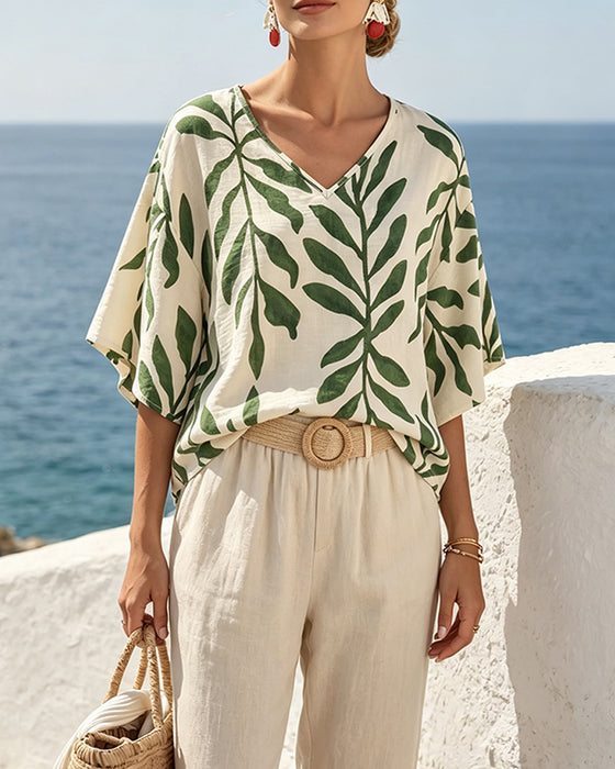 Blouse Col En V Demi-Manches Imprimé Feuille
