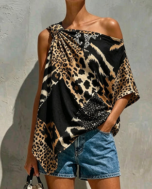 Blouse Imprimé Léopard Patchwork Une Épaule