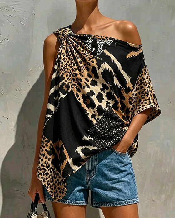 Blouse Imprimé Léopard Patchwork Une Épaule