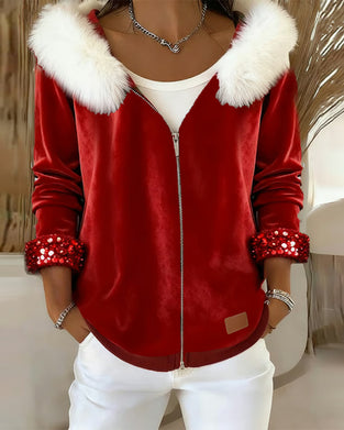 Manteau À Capuche Col Fourrure Velours