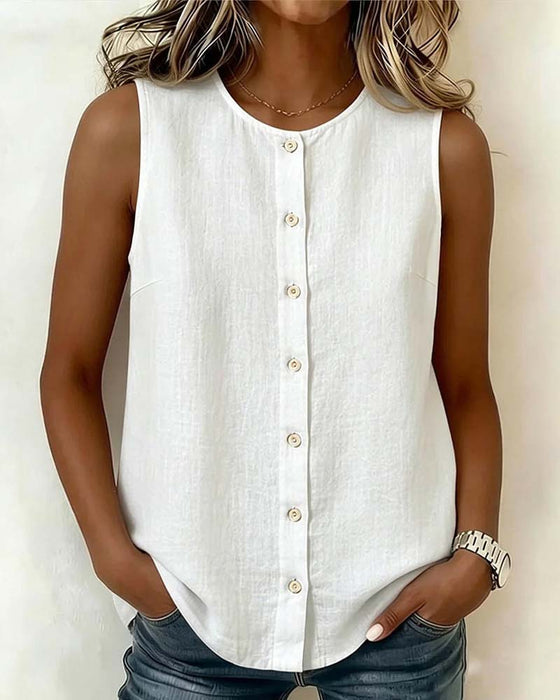 Blouse Col Rond Simple Boutonnage Sans Manches