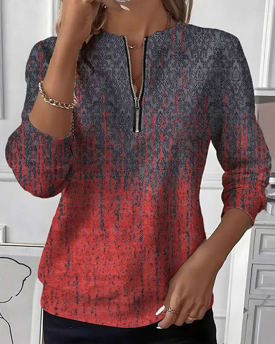 Sweatshirt Dégradé Imprimé Vintage Demi-Fermeture Éclair