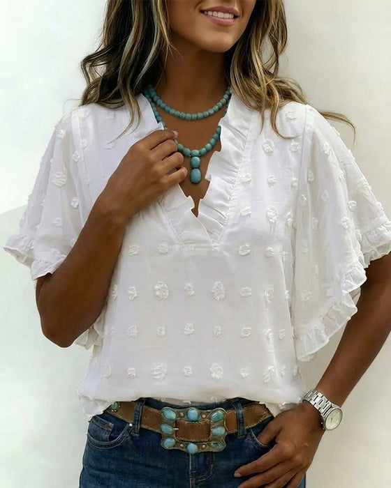 Blouse Jacquard Col En V Volant